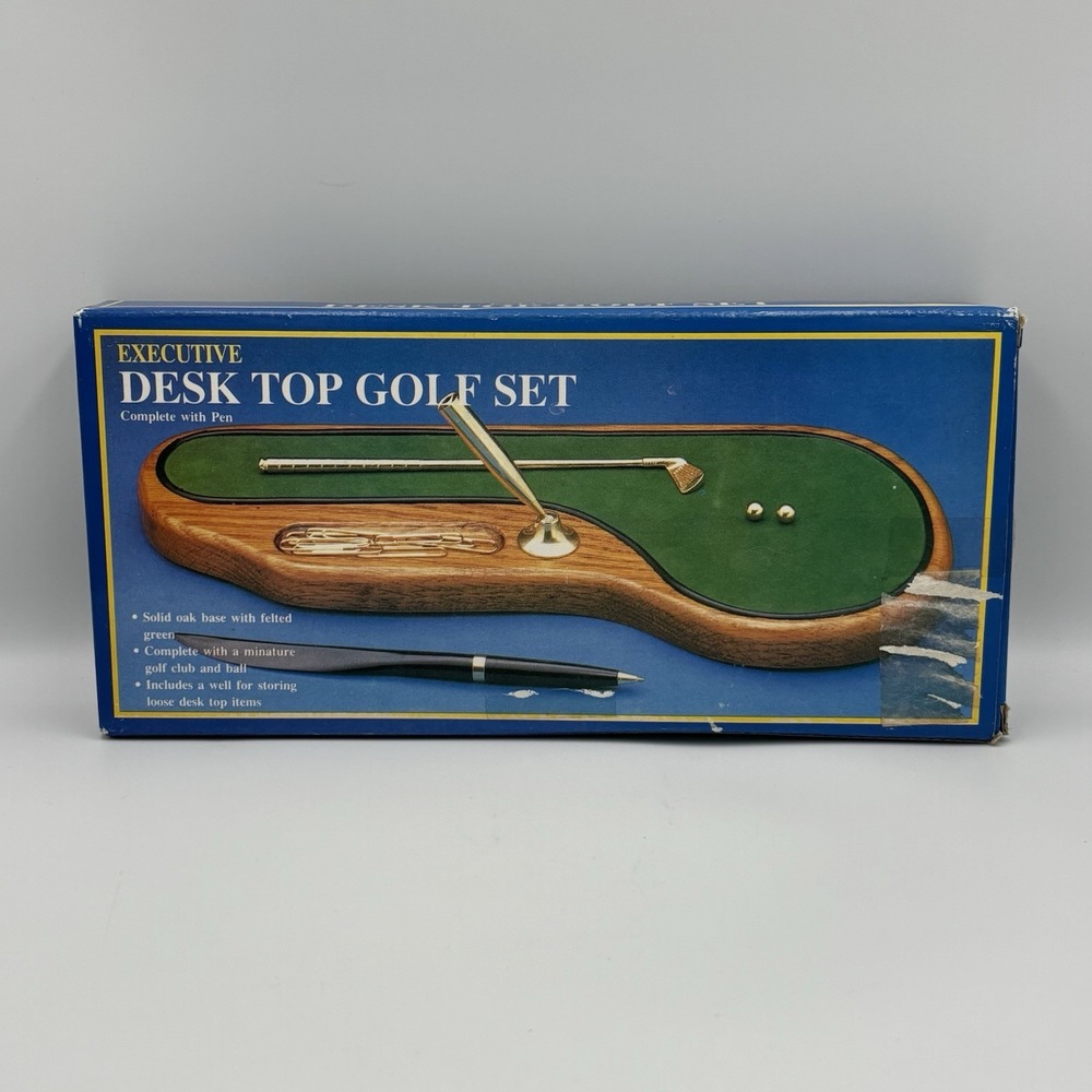 Vintage Desktop Pen Holder Golf Putting Green Walnut Base Man Cave Golf Open Box